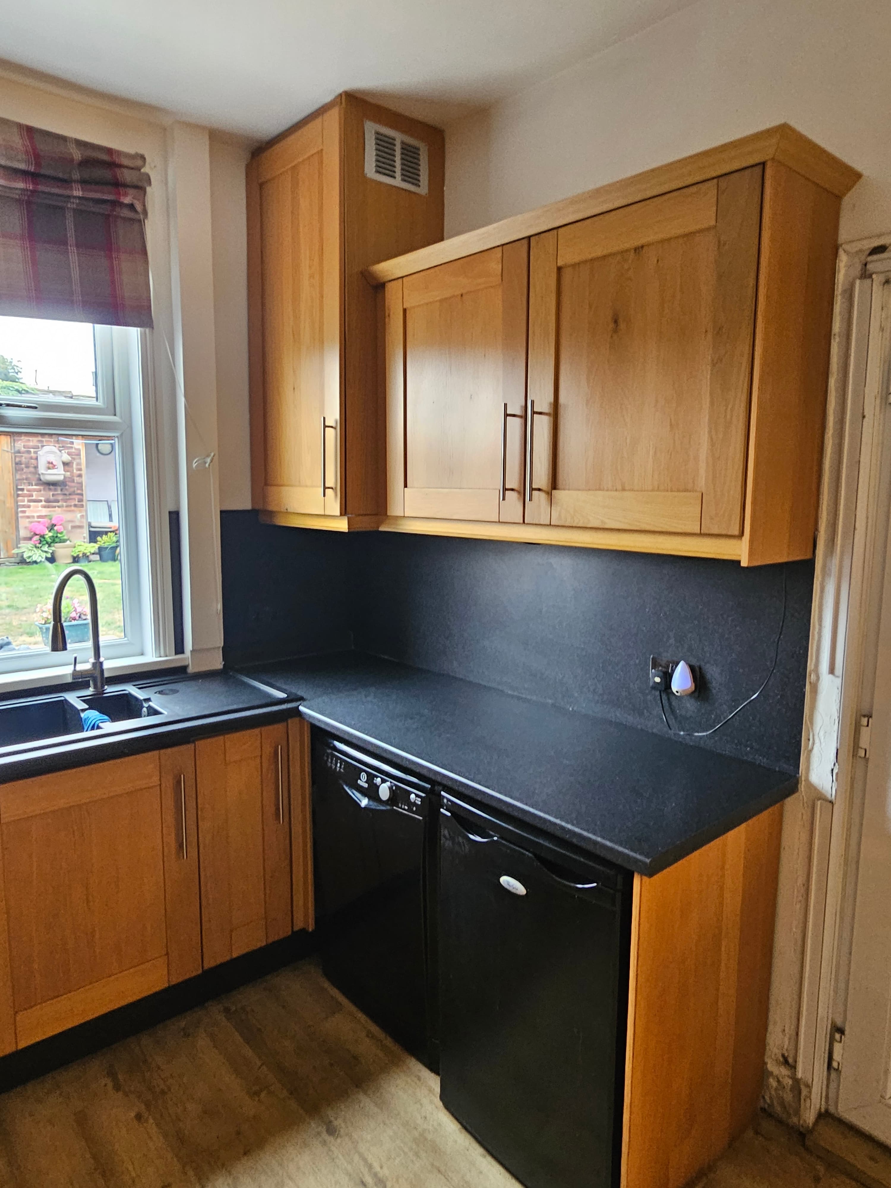Kitchen before respray Sheffield — oak wall units and furniture before colour change