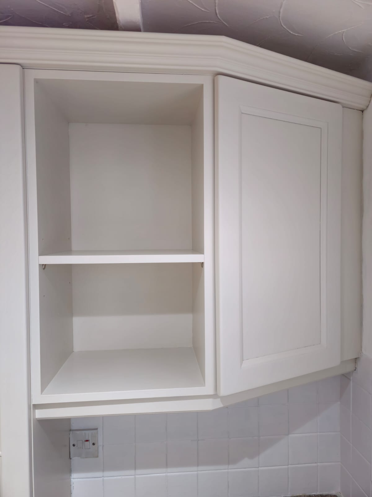 Kitchen cabinet respray Sheffield — white wall unit finish